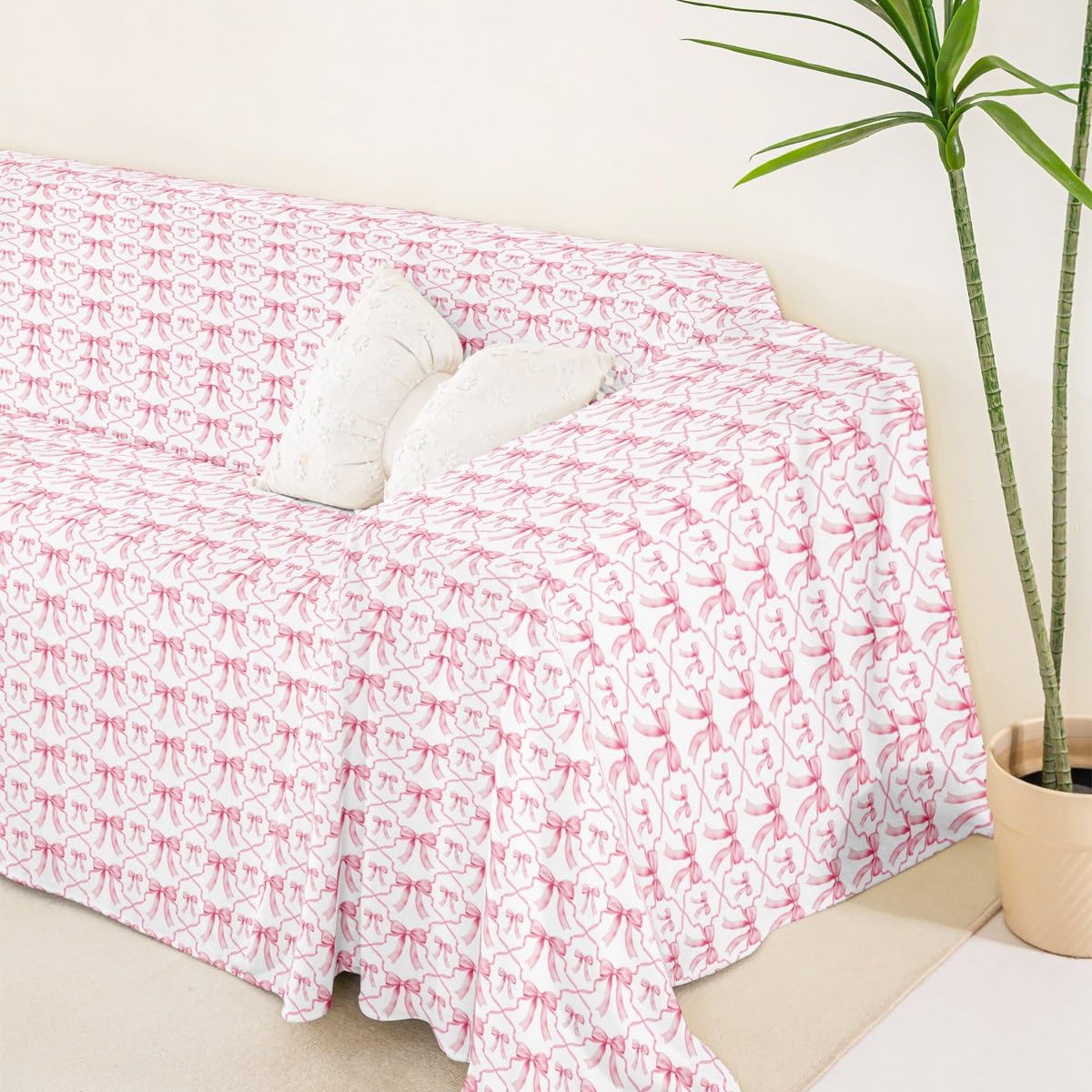 Homewish Pokrowiec na kanapę z różową kokardą dla dzieci nastolatków - urocza wstążka kokarda pokrowiec na sofę dla dziewcząt kawaii akwarela kokardki ochraniacz na kanapę różowy biały księżniczka