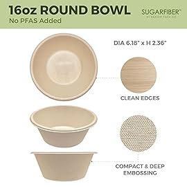 [500 Count]Harvest Pack 16oz PFAS FREE Round Paper Bowls Bulk, Compostable Heavy-Duty Eco-Friendly Disposable Bagasse Acai Bowls, Sugarcane Natural plant fibers for Meal Prep Takeout Dinnerware