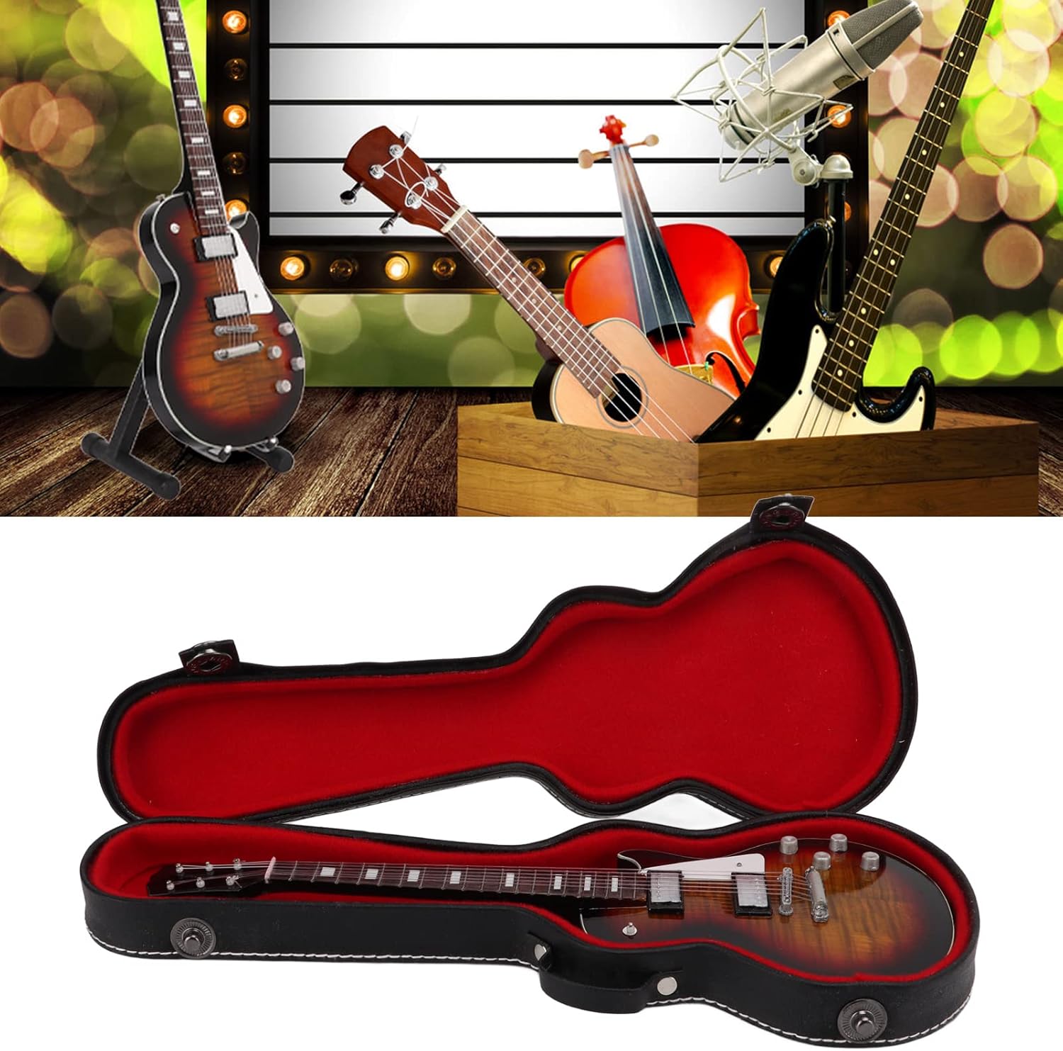 Wooden Miniature Guitar, Gradient Wood Grain Guitar Model Large Basswood Guitar Model Kit with Stand and Case Mini Musical Instrument Model Mini Guitars Collectibles for Home Decoration