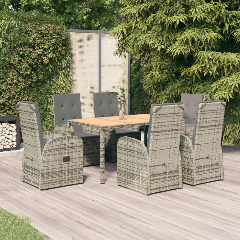 Furniture Select-Juego de comedor de jardín de 7 piezas, ratán de poliéster gris y acacia de madera maciza