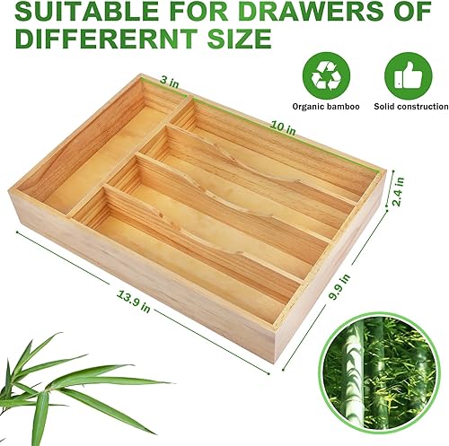 Miniatura 2 de Organizador de cajones de cubiertos de bambú, bandeja organizadora de cubiertos de madera con 5 ranuras, organizador de cajones de utensilios para