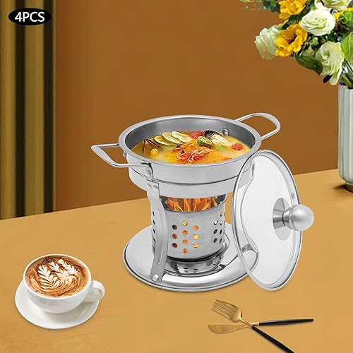 Miniatura 2 de Shabu Mini olla caliente, plato de acero inoxidable con tapa de vidrio, mini caldera caliente de 7 pulgadas con soporte para combustible, mini olla
