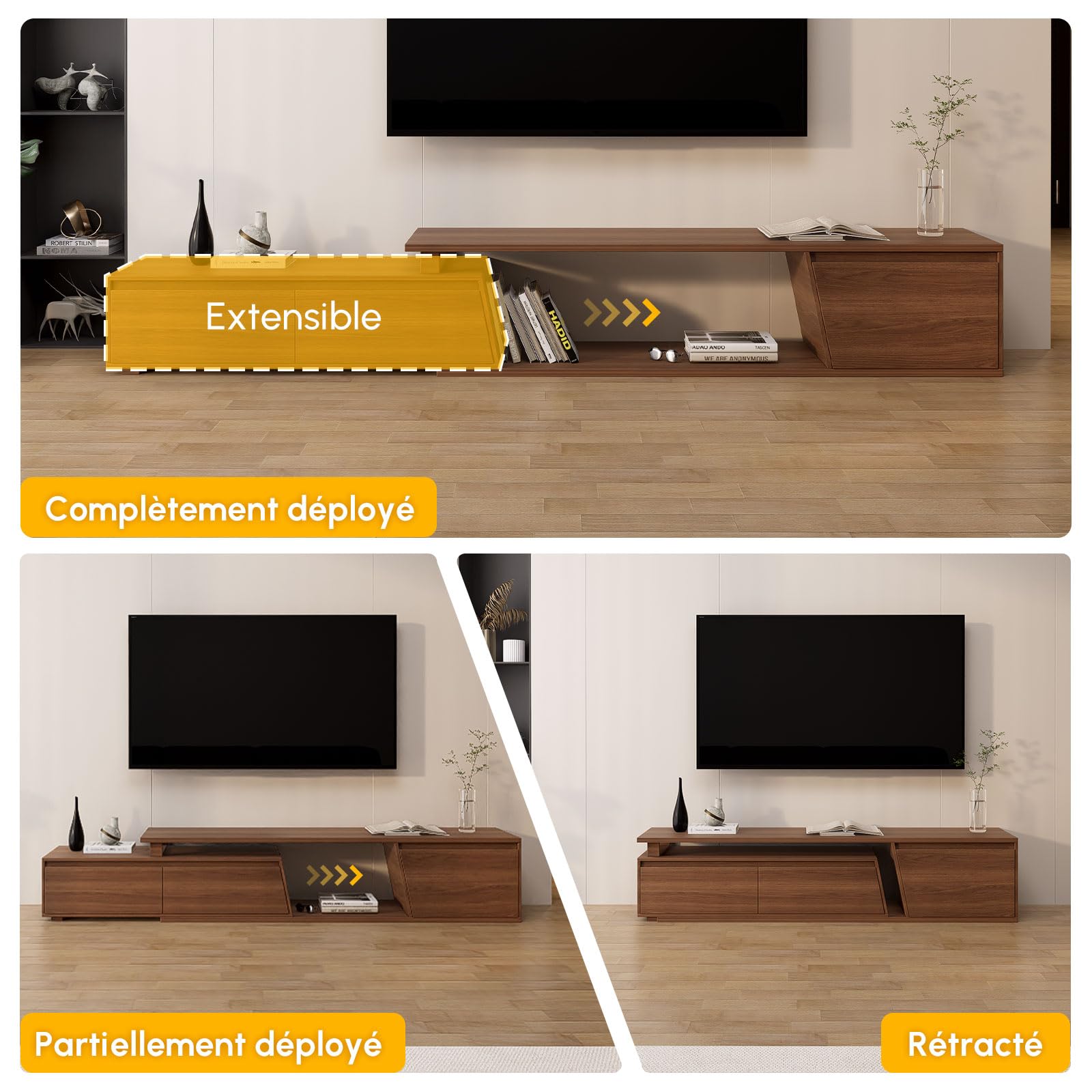 Homary Meuble TV Extensible Bois Noyer 180-280cm Longueur avec 3 Tiroirs Spacieux, MDF Écologique, Rangement Ouvert, Design Moderne pour Salon, Installation à Gauche/Droite