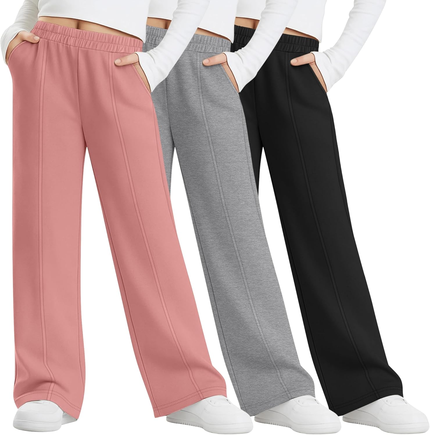 LessonZoo 3 Pack Girls Sweatpants Teen Front Seam Straight Leg Pants Kids Open Bottom Wide Leg Loose Joggers with Pockets