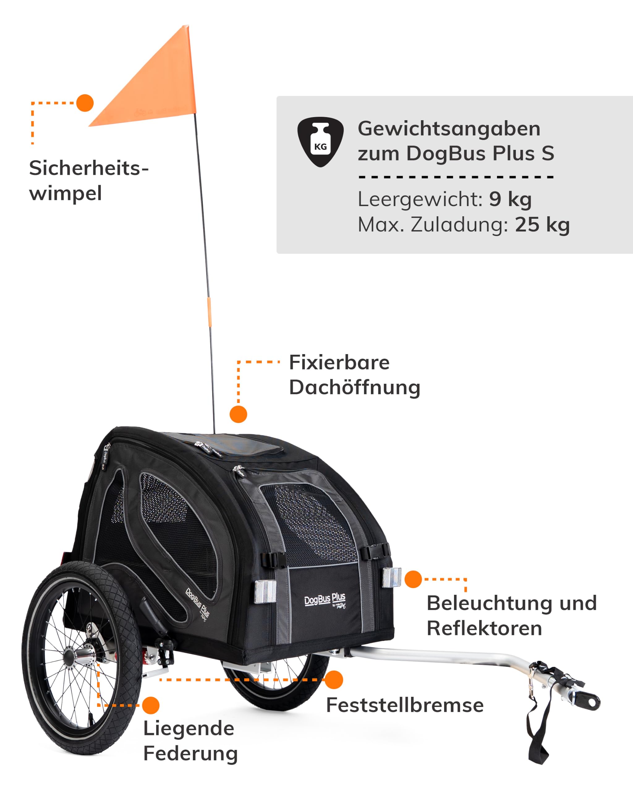 TrendPet DogBus Plus S - Gefederter Aluminium Fahrradanhänger, Hundeanhänger für kleine bis mittlere Hunde