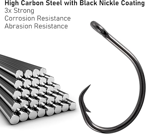 Miniatura 4 de Dr.Fish Paquete de 30 ganchos circulares de pesca, 3 ganchos fuertes en línea, gancho de cebo vivo, níquel negro, afilado, sin compensación, ancho
