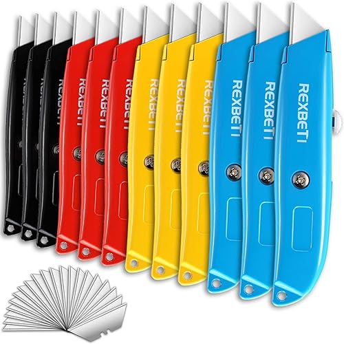 REXBETI Paquete de 12 cuchillos utilitarios retráctiles, juego de cuchillos de aluminio resistente de 4 colores con 20 cuchillas SK5 adicionales