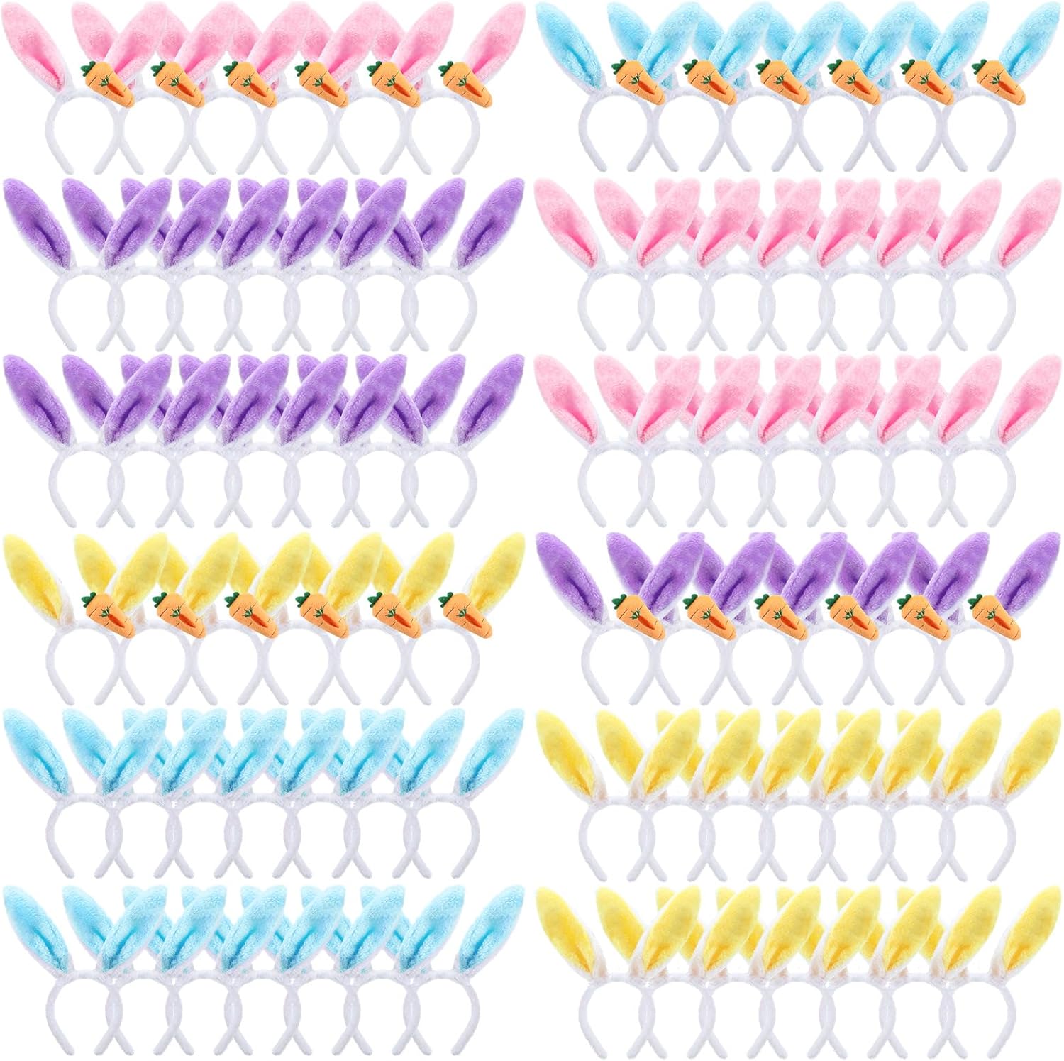XunYee 72 Pcs Easter Bunny Ears Bulk Bunny Rabbit Ear Headband with Carrots Cute for Women Assorted Color Rabbit Headband