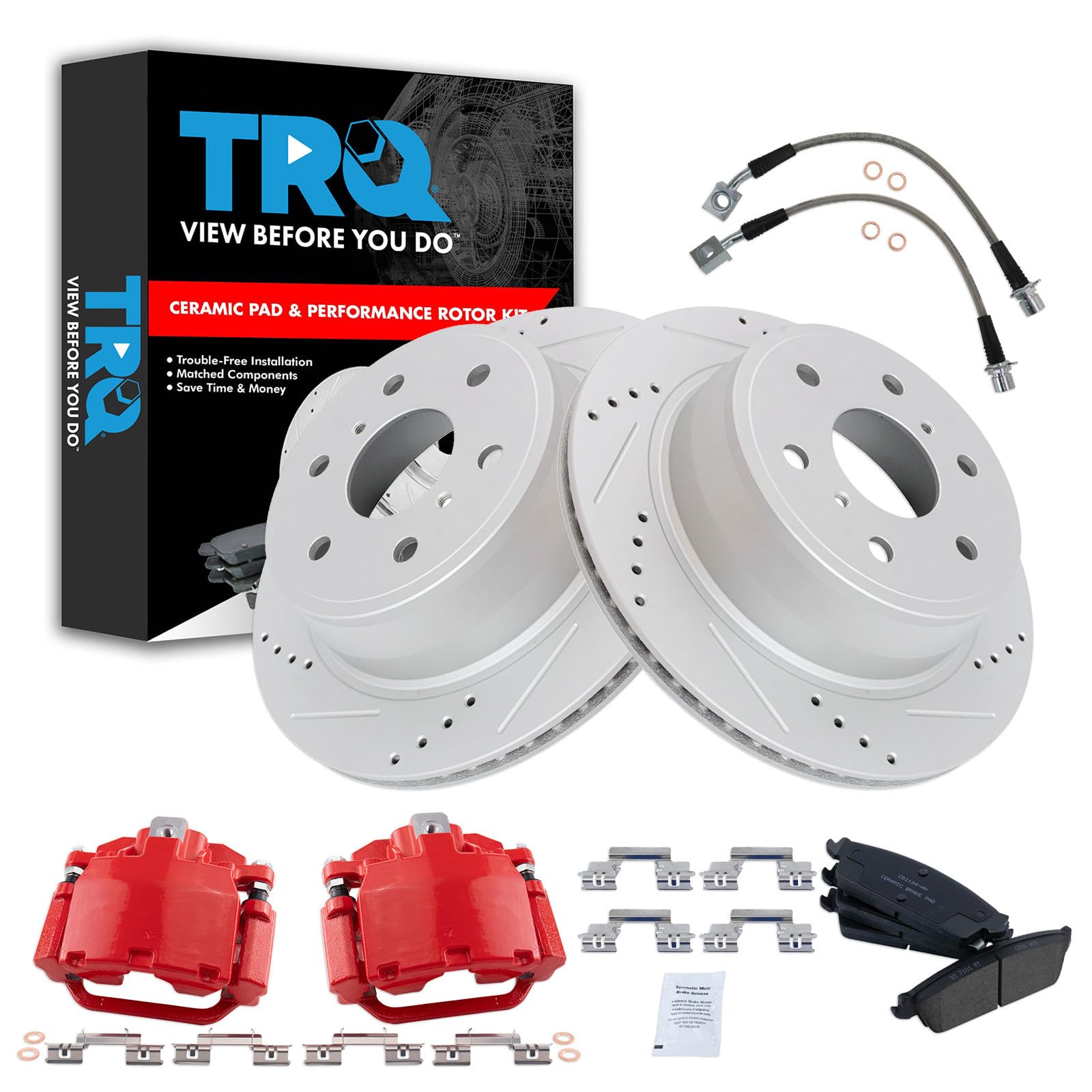 TRQ Rear Brake Pad &amp; Rotor Kit Slotted X Drilled Performance Red Premium G-Coated Ceramic Driver &amp; Passenger Side Compatible with 07-14 Cadillac Chevrolet GMC