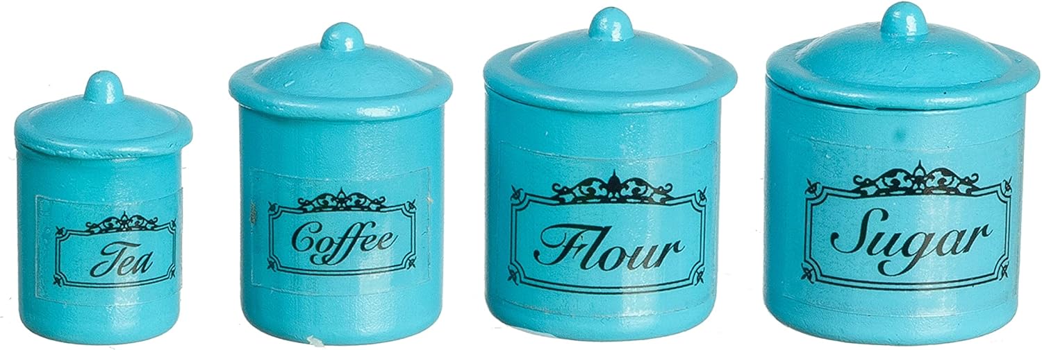 Melody Jane Dolls Houses Dollhouse Blue Canister Storage Jar Set 4 Miniature Kitchen Accessory 1:12