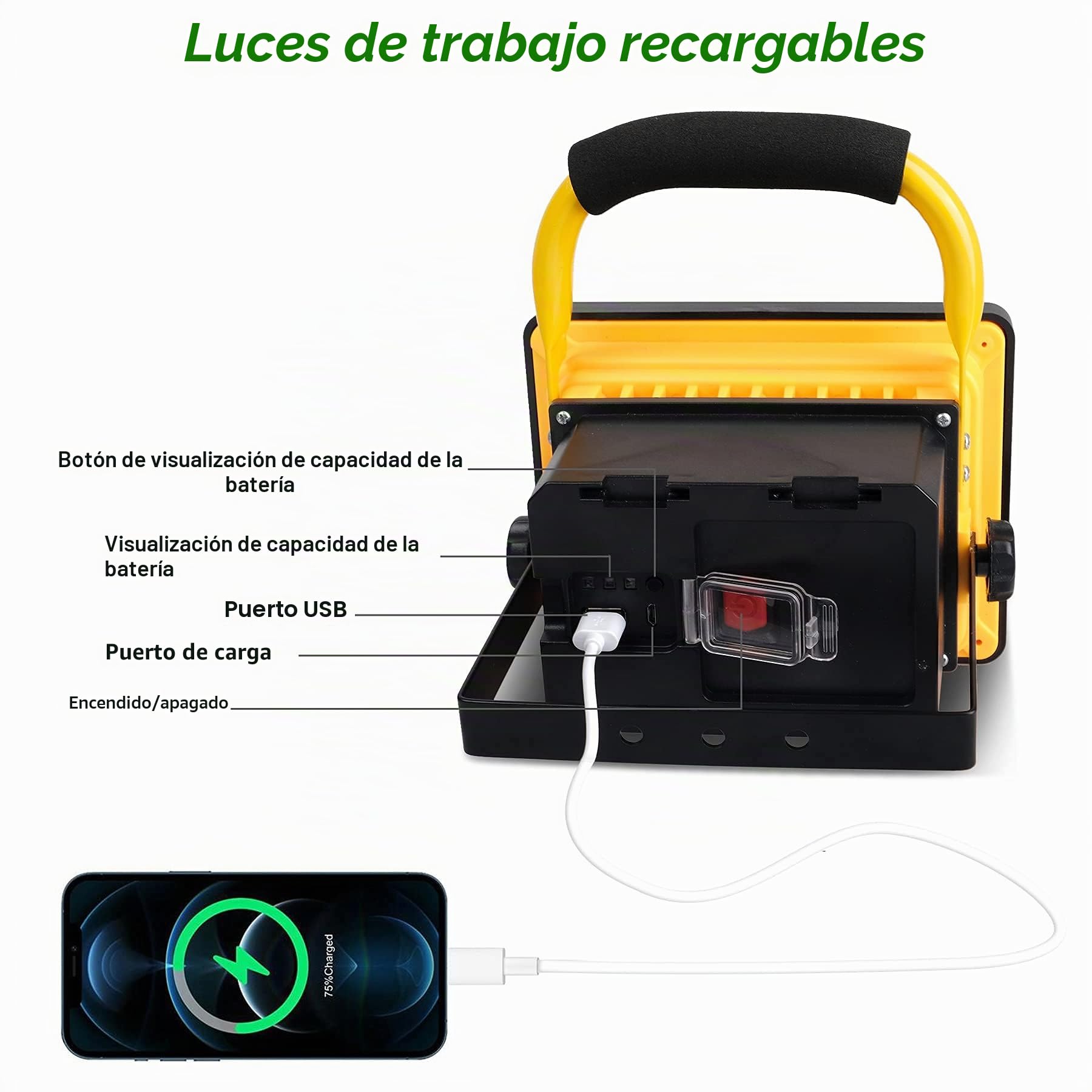 T-SUN Foco de Trabajo LED, Recargable Luz de trabajo 9000mAh, Foco Led Recargable Portátil Recargable USB Plegable para Jardín, Taller, Garaje, Camping, Obra