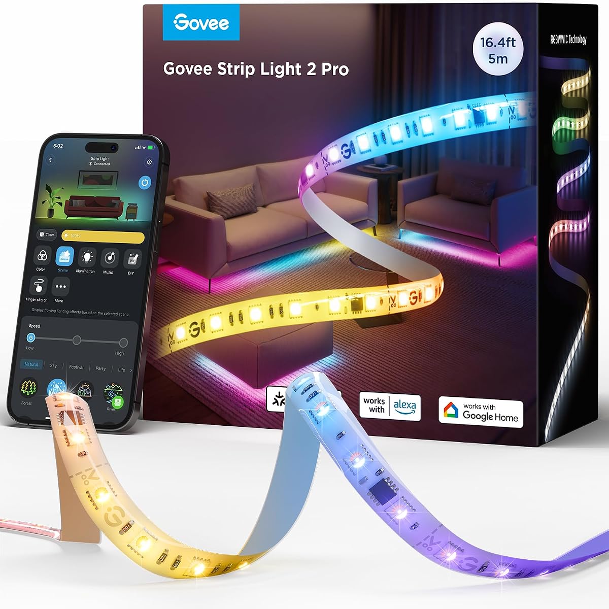Tira de luz LED RGBWWIC 2 Pro 16.4 pies, control inteligente, aplicación, WiFi | Trabaje con Alexa, Google Assistant, tiras de luces LED multicolores segmentadas para dormitorio, gabinete y decoración del hogar