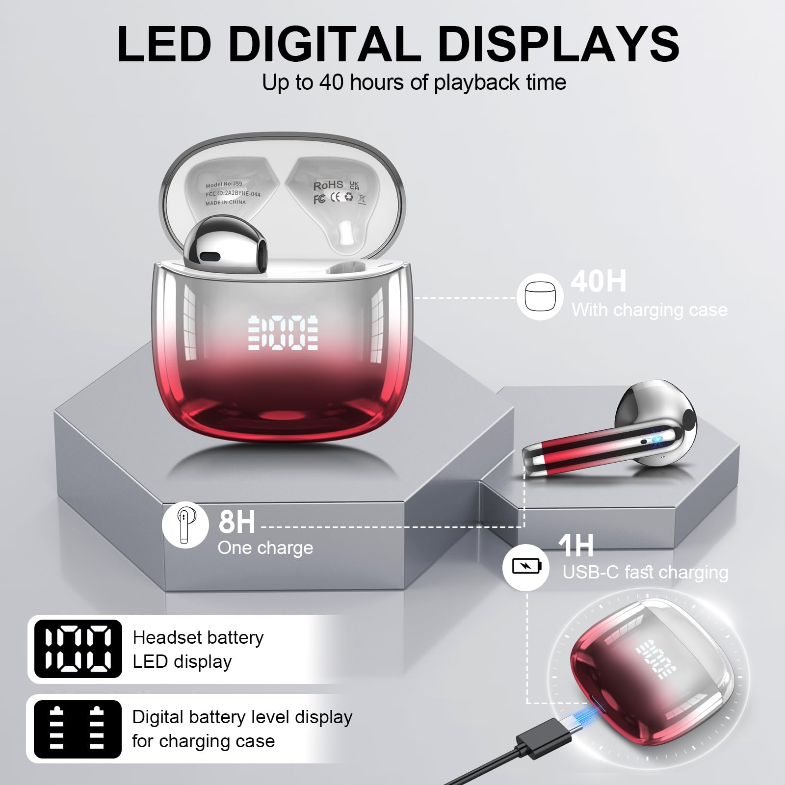 Bluetooth Wireless In Ear Headphones, Bluetooth 5.3 Headphones with LED Display, Lightweight Design, Burgundy - 5