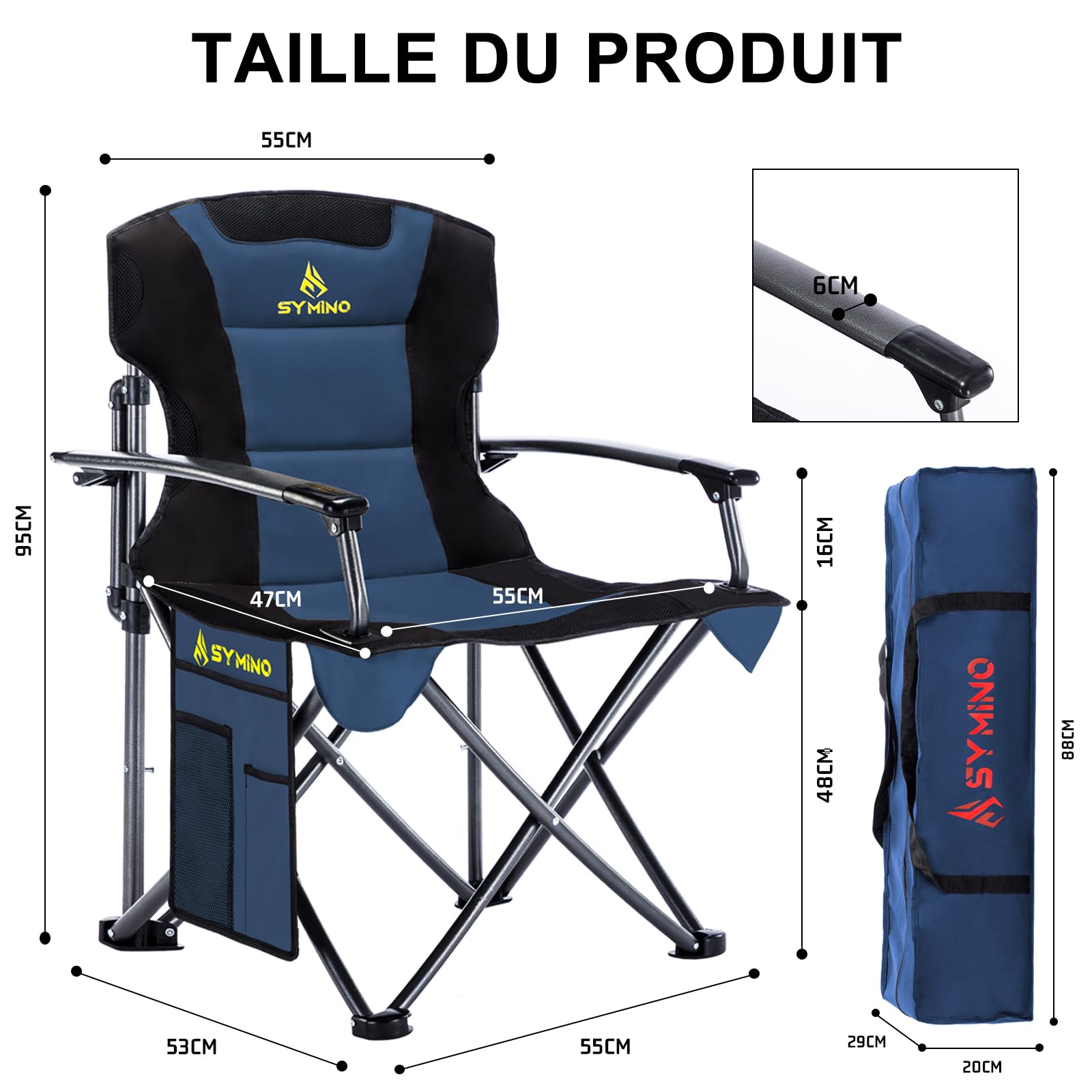 Symino Chaise Pliante Camping Max de 150kg avec Accoudoirs - Fauteuil Pliable pour Jardin/Pêche/Extérieur Braun