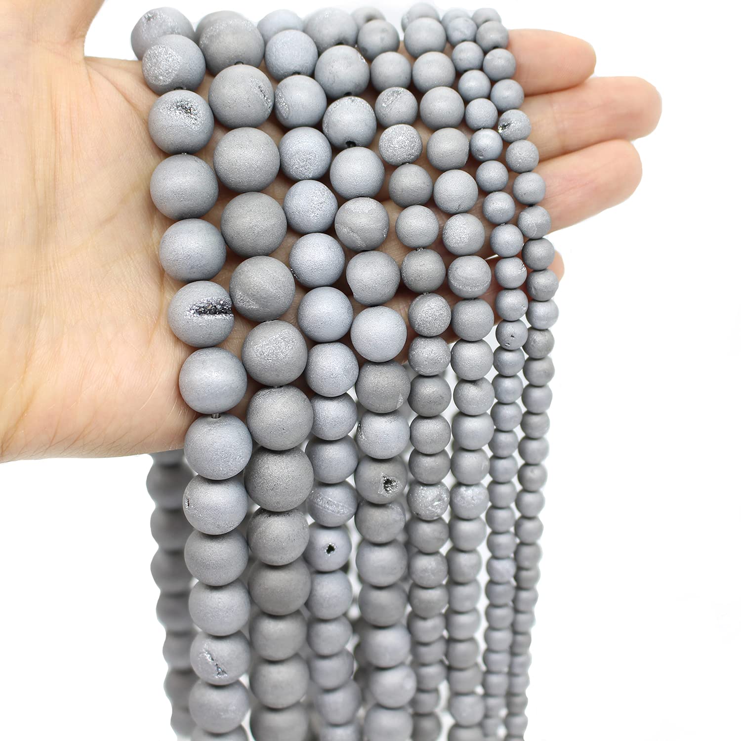 Oameusa 8mm Silver Agate Metal Stone Natural Gemstone Loose Agate Stones Beads for DIY Bracelets Necklace Earring Jewelry Making Supplies About 45-48Pcs 15inches/Strand