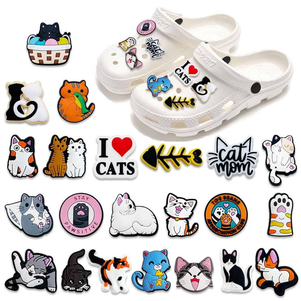 Gato Encantos del Zapato 25PCS Cute Cartoon Zapato Decoración Croc Charms para Niñas Mujeres Niños Adultos, Regalo para Fiesta de Cumpleaños