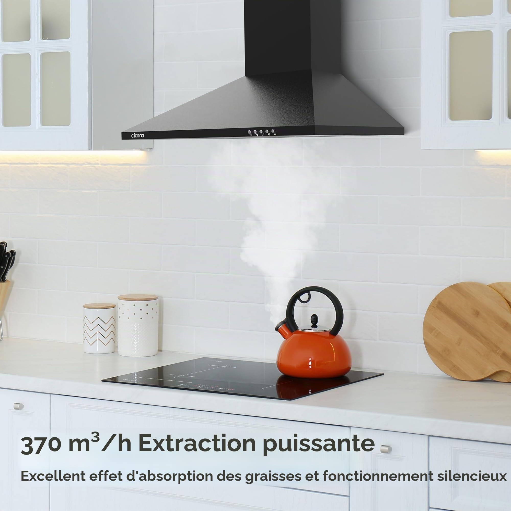 CIARRA CBCB6201 Hotte Aspirante 60cm 370m³/h Classe A++ Évacuation Recyclage Filtres Charbon Inclus 3 Vitesses Murale Noir