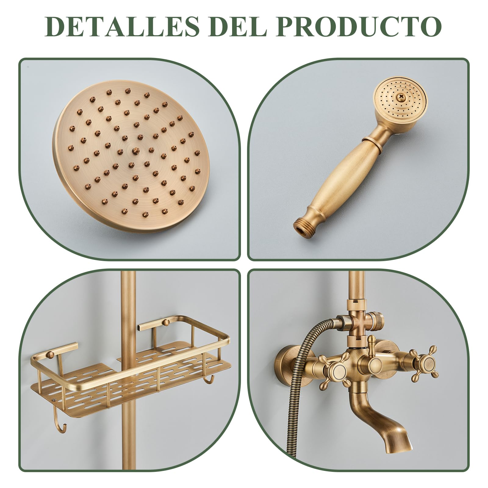 Retro Cascada Grifo de la Ducha Tina Latón Antiguo Kit con Soporte Extensible (100-135 cm) 3 Salidas 8" Cabezal de ducha superior + ducha de mano + bañera