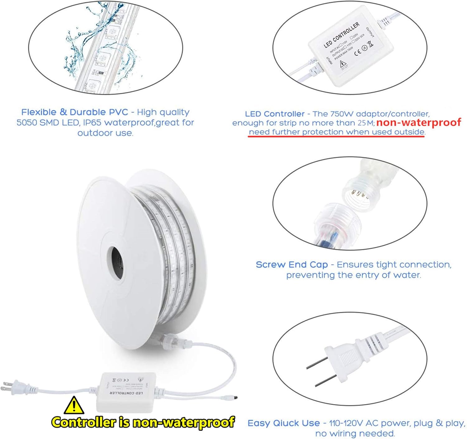 BRILLIHOOD Flexible LED RGB Rope Light Strip, Multi Color Changing SMD 5050 LEDs, 110-120V AC, Dimmable, Waterproof, Indoor/Outdoor Rope Lighting   Remote Controller, (20m/65.6ft)