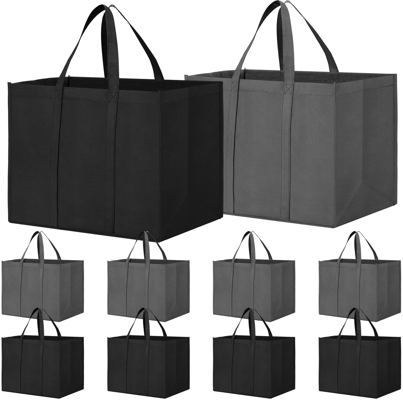 WISELIFEWISELIFE Reusable Grocery Shopping Bags 10 Pack Large Foldable Tote Bags Bulk, Long Handle for Shopping Groceries Clothes (Dark Grey & Black)
