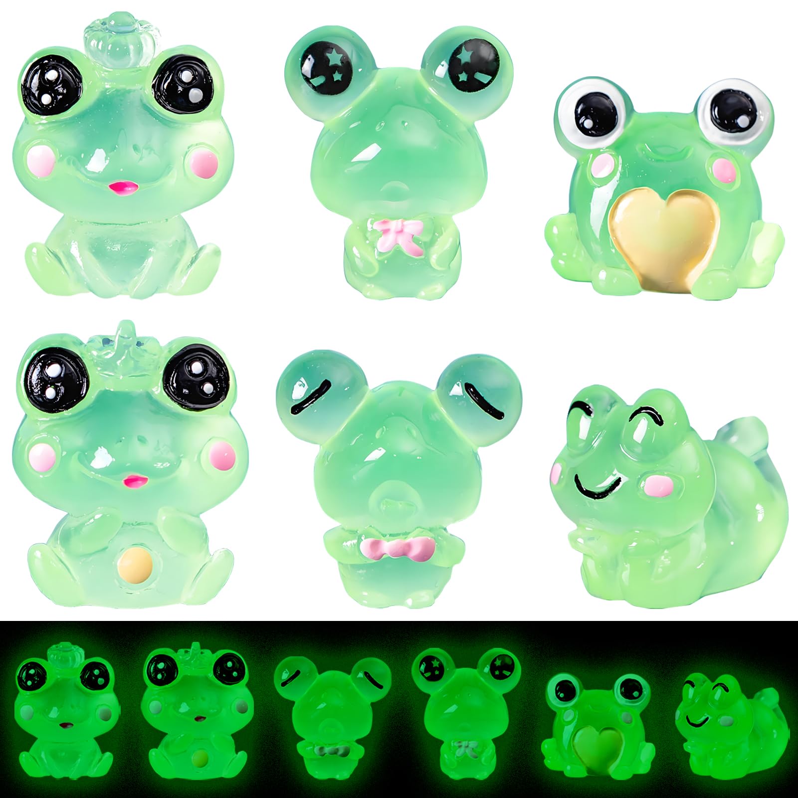 Virelle 6pcs Mini Frog Figurines Tiny Resin Luminous Animals Mini Resin Figures Little Plastic Animals Miniature Animal for Garden Landscape Home Car Dash Decor Party Cake Headbands DIY (Frog)