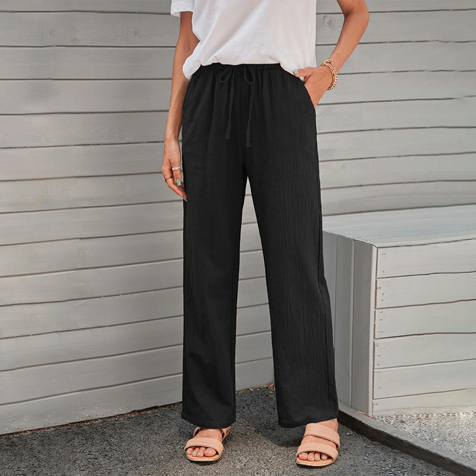 Pantaloni Casual da Donna con Coulisse in Vita Elastica Pantaloni Dritti a Vita Alta Comodi Americani da donna-LC771277-309-2XL