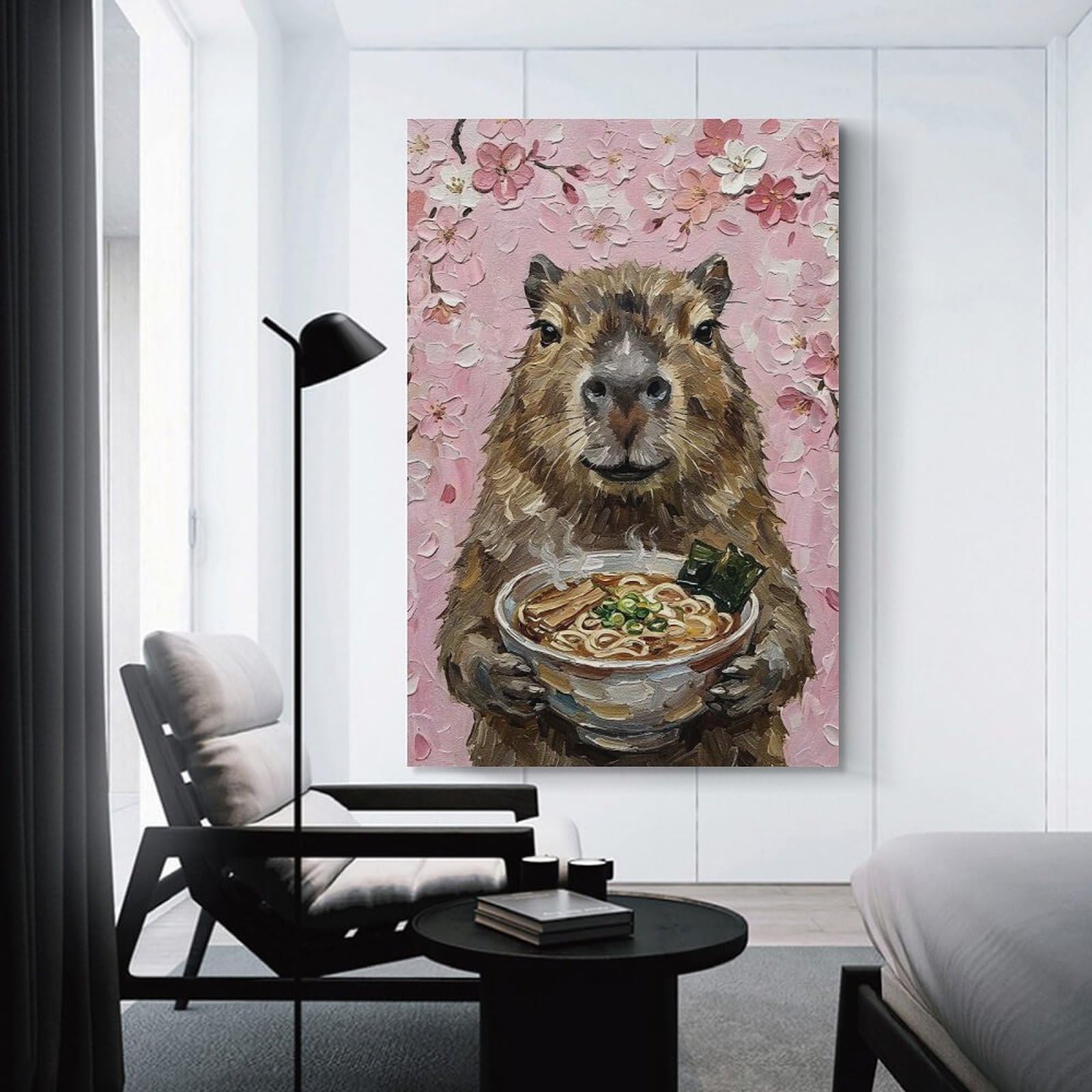 Junmoney Capybara with Ramen And Cherry Blossoms Wall Picture Print 20x30inch(50x75cm), for Entryway, Lounge Links Or Small Walls, Decorative Wall Art for Narrow Spaces