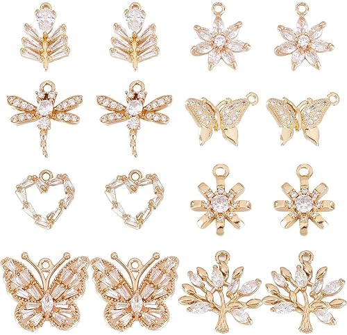 SUNNYCLUE 1 caja de 16 dijes de circonita cúbica micro pavimentados, dije de mariposa de cristal, árbol de la vida, dijes de latón con libélula, disponible en Yaxa El Salvador