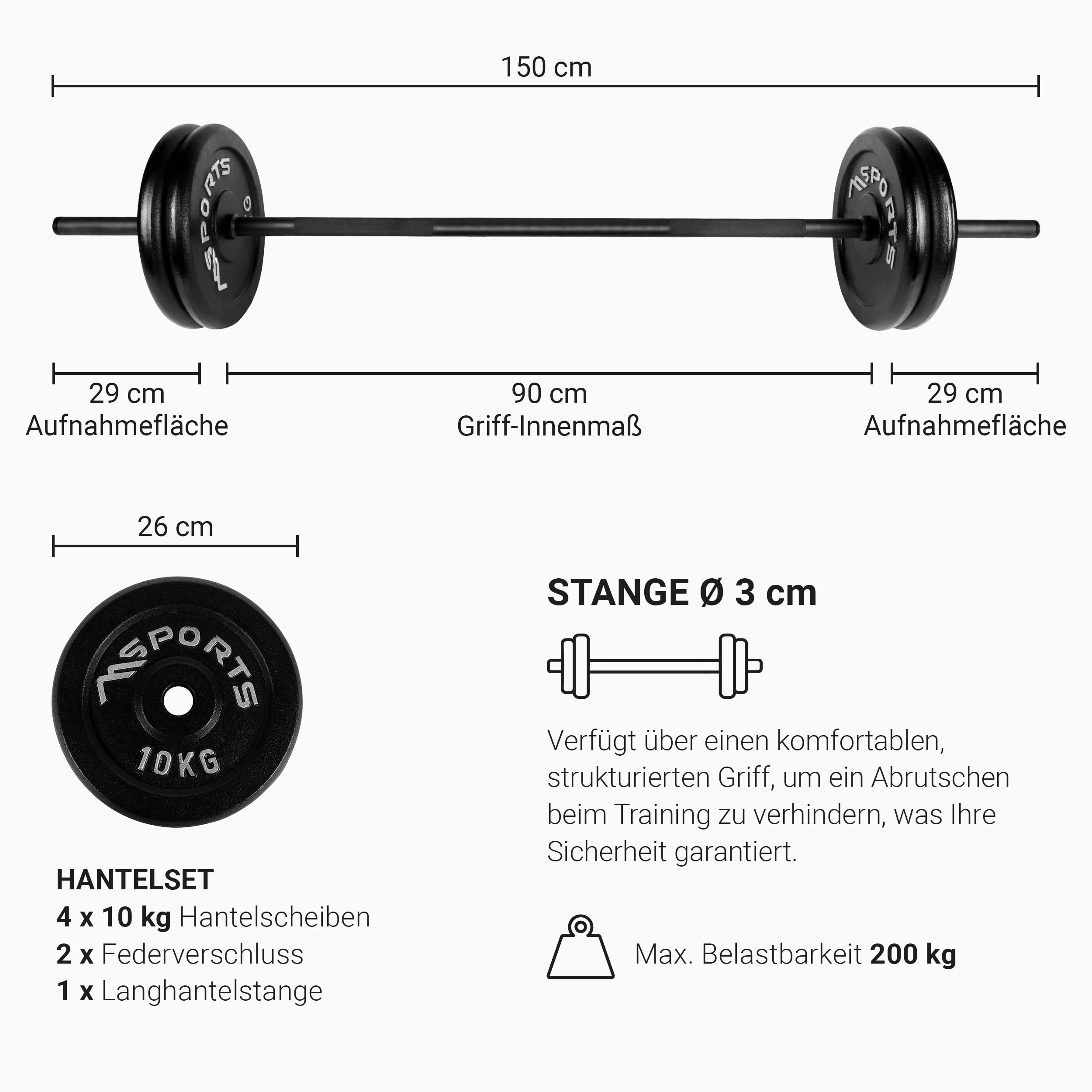 Sztanga długa z zapięciem sprężynowym + odlew 20, 30, 40 lub 60 kg – talerze do sztangi długie (sztanga długa + 40 kg)