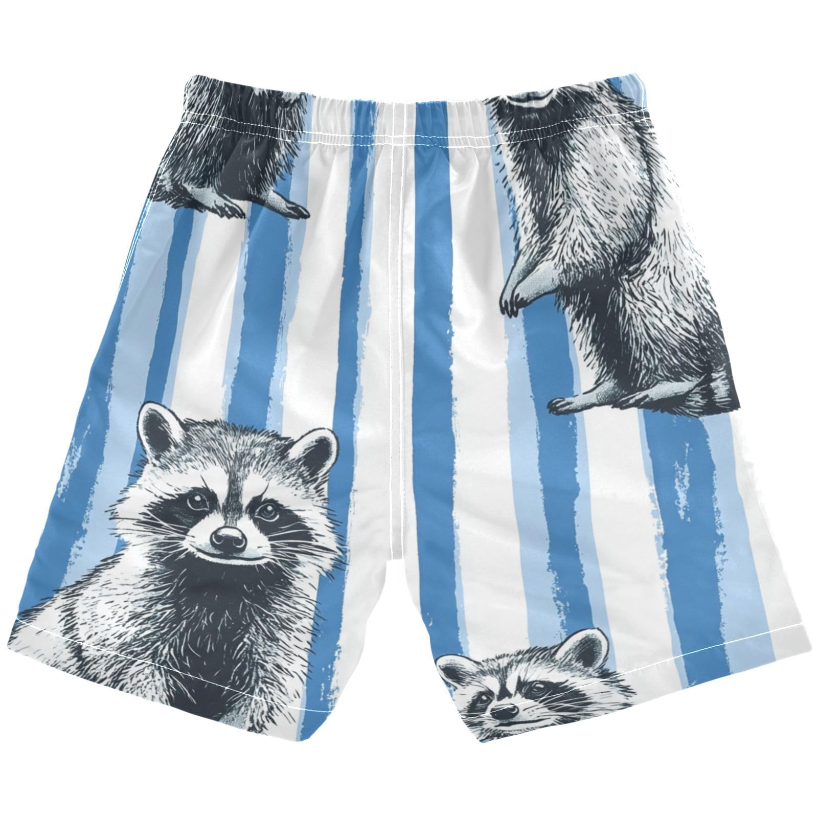 Jucciaco Boys Beach Board Shorts Raccoon Stripes Blue Animal Swim Trunk Teen Swimwear