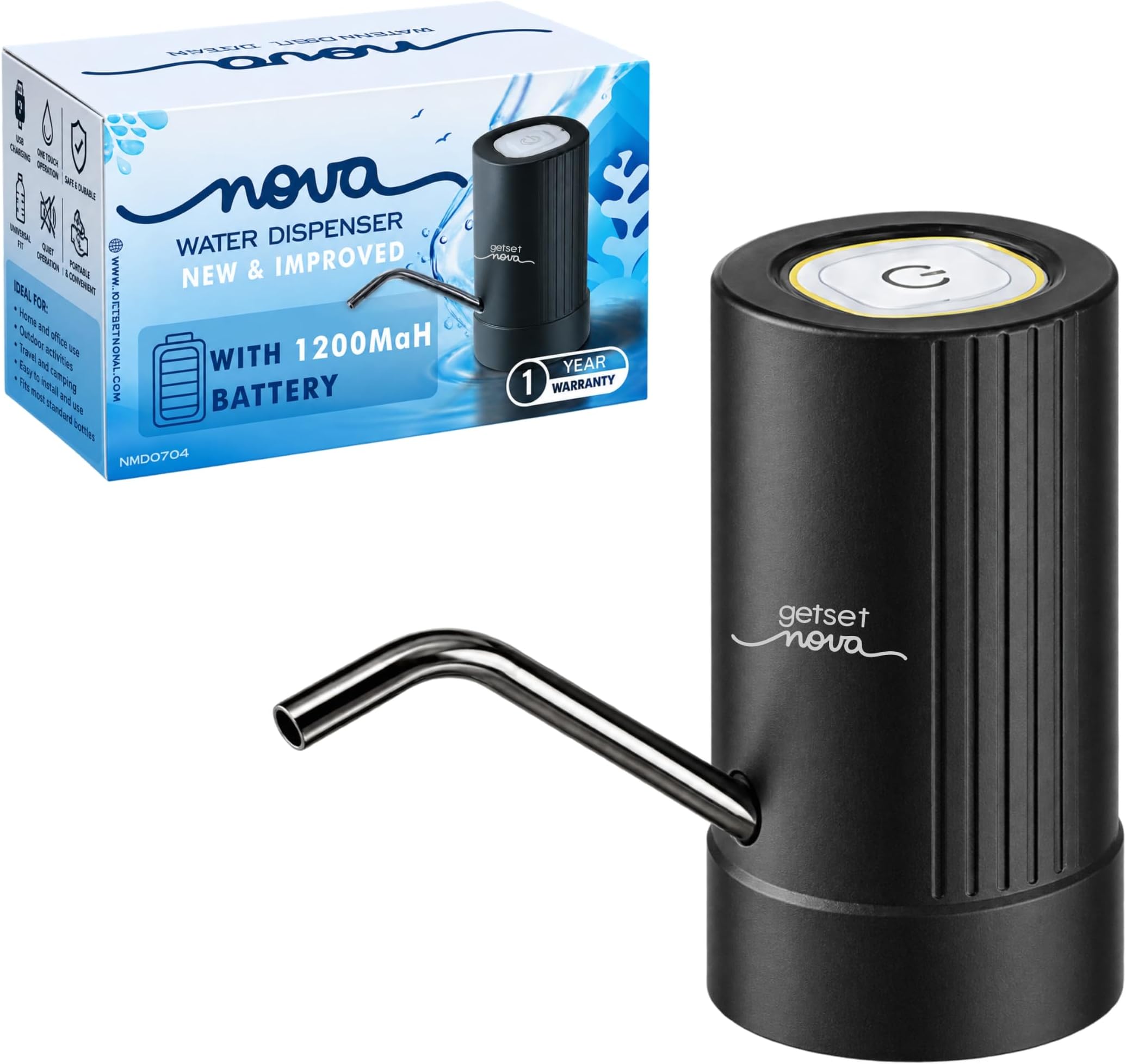 GetSetNova Automatic Electric Water Dispenser Pump for 20 Litre Bottle Portable Water Pump Dispenser for Home, Office, and Outdoors | 1200 mAh C-Type Fast Charging Battery (Black)