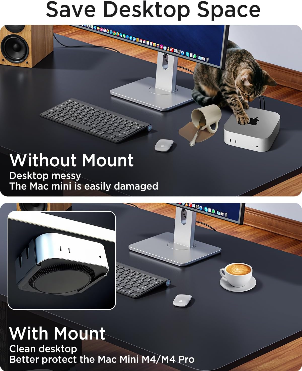 Miimall Black Mac mini M4 Pro 2024 Mount Stand, Metal Heat Dissipation Scratch Resistant Bracket Behind The Monitor or Under Desk with Smooth Edges, Metal Wall Mounted Holder for Mac mini M4 (Black)