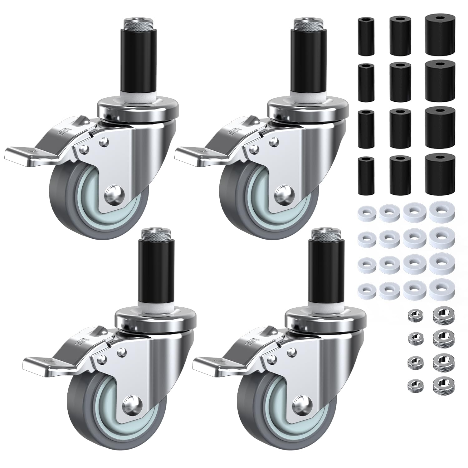 holkie caster wheels locking 3 inch expanding stem casters, threaded swivel casters set of 4 heavy duty castors, fit 1", 1-1/4", 1-2/5", 1-1/2",1-5/8" id stainless steel table, cart, furniture legs