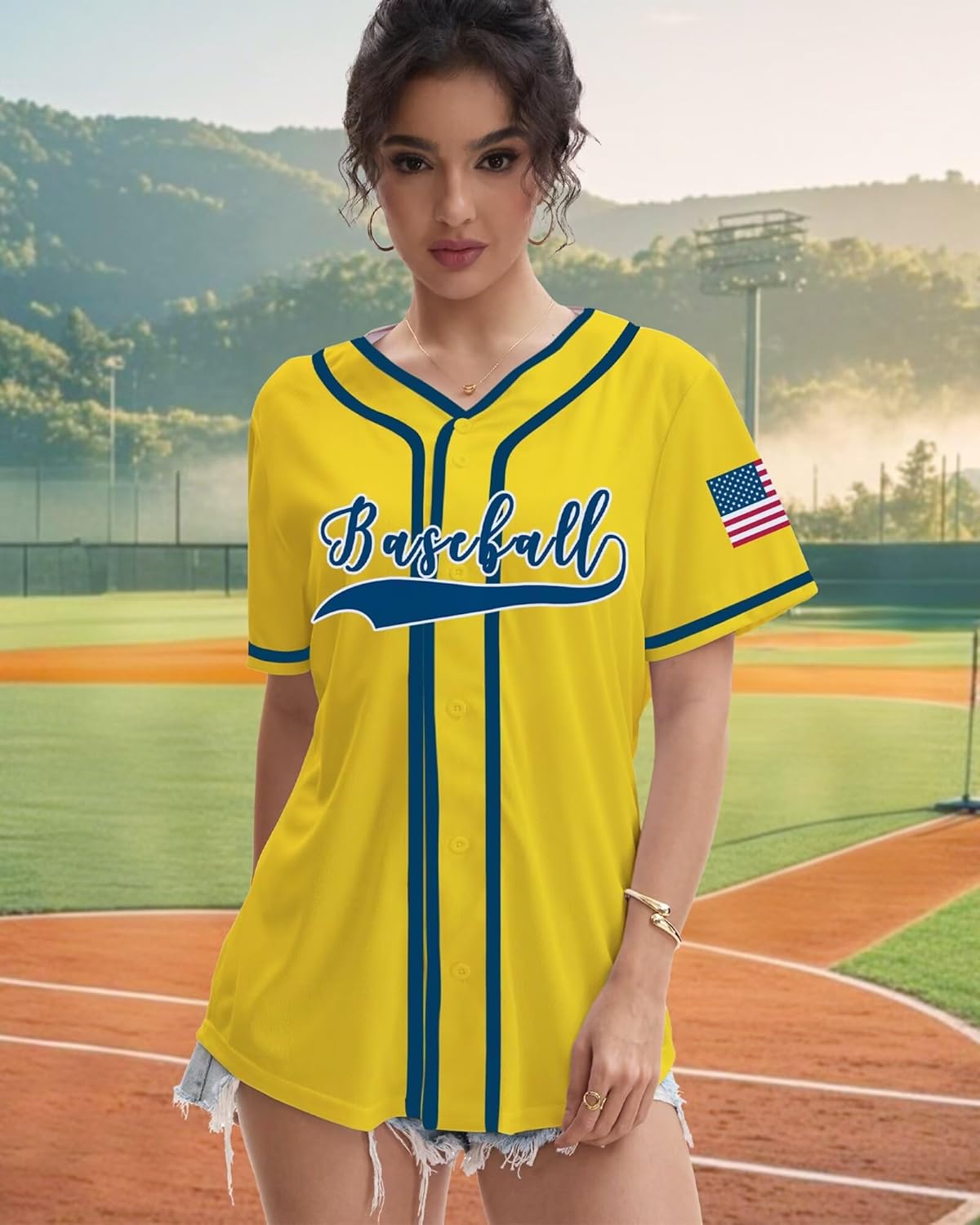 Women Funny Baseball Jersey Baseball Fan Shirt Baseball Mama Graphic Button Down Tops - Image 3