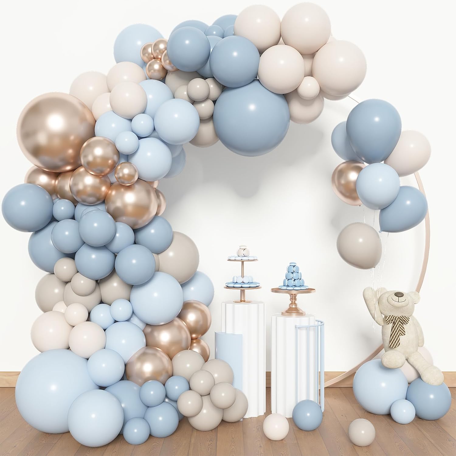 Amandir 153pcs Dusty Blue Balloon Arch Garland Kit, Different Sizes 18 12 10 5 inch White Sand Beige Cream Champagne Fog Baby Blue Balloons for Boy Baby Shower Birthday Bridal Wedding Party Decoration