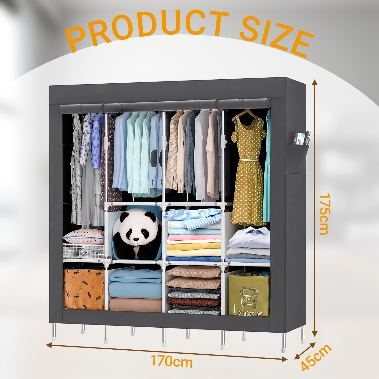Armoire portable en tissu solide à suspendre pour chambre à coucher - Porte-vêtements en métal - Avec housse en tissu Oxford - 165 x 170 x 45 cm
