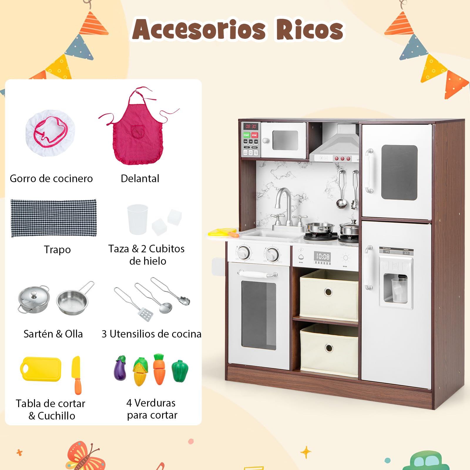COSTWAY Juego de Cocina Juguete para Niños, Cocinita Infantil de Juguete con Luces y Sonidos Atractivos, Campana Extractora y Microondas, Máquina de Hielo y Pizarra, Fregadero, Toallero