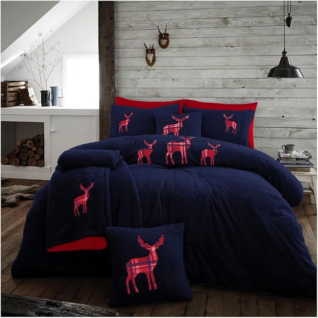 GC GAVENO CAVAILIA Teddy Emb Stag Duvet Cover Quilt Set, Snuggle Warm Reversible Fleece Bedding, Double, Navy/Red