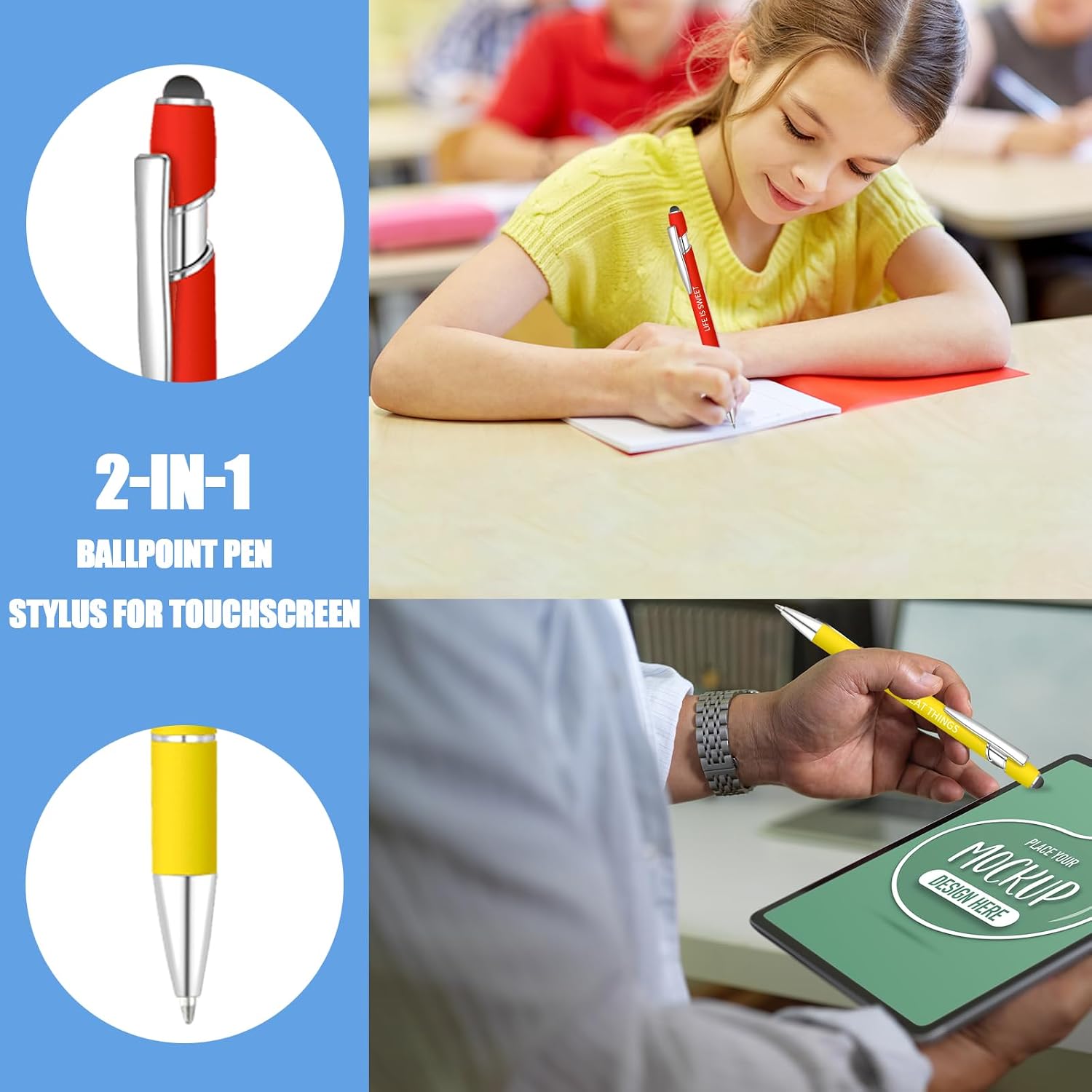 8 Pcs Blue Ink Inspirational Pens for Women Quotes Pen Metal Ballpoint Pen with Stylus tips for Office Gift (Multicolor) image 4