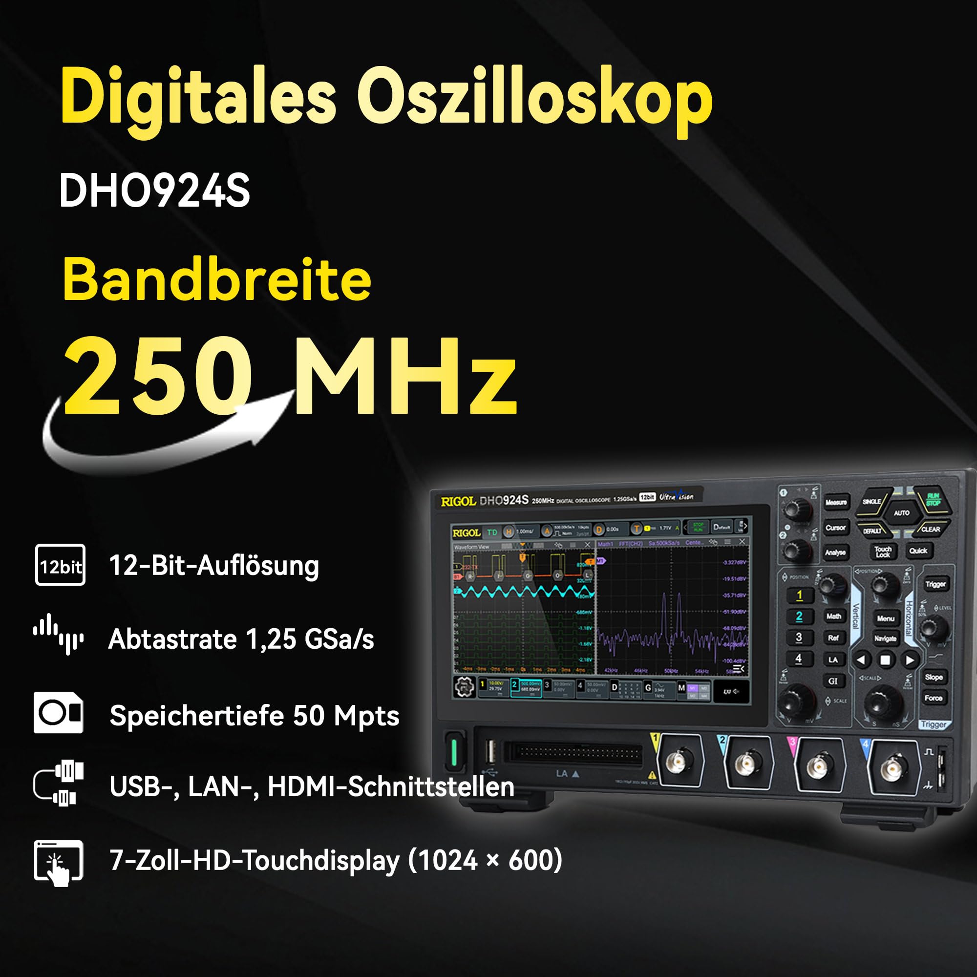 RIGOL Oszilloskop,DHO924S Tragbares digitales Oszilloskop,250MHz Bandbreite,4A+16D Kanäle,12bit vertikale Auflösung,unterstützt die Bode-Plot-Analyse,integrierter 25MHz Signalgenerator