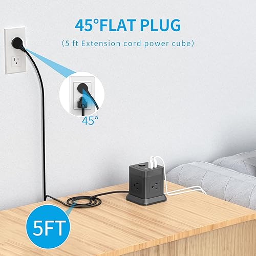 Miniatura 3 de FDTEK - Regleta de alimentación con USB C, cable de extensión de enchufe plano con 4 salidas y 3 puertos USB, tira de alimentación de escritorio de