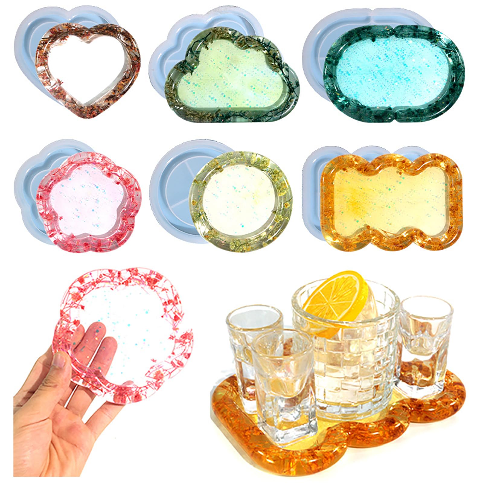 6 Set Dienblad Siliconen Hars Mold Ovale Bloem Vlinder Vormige Epoxy Siliconen Casting Gips Schimmel Beton Klei Dienblad Voor Cup Fruit Snoep Vaas Opslag Houder, 3D DIY Display Decor Ambachten
