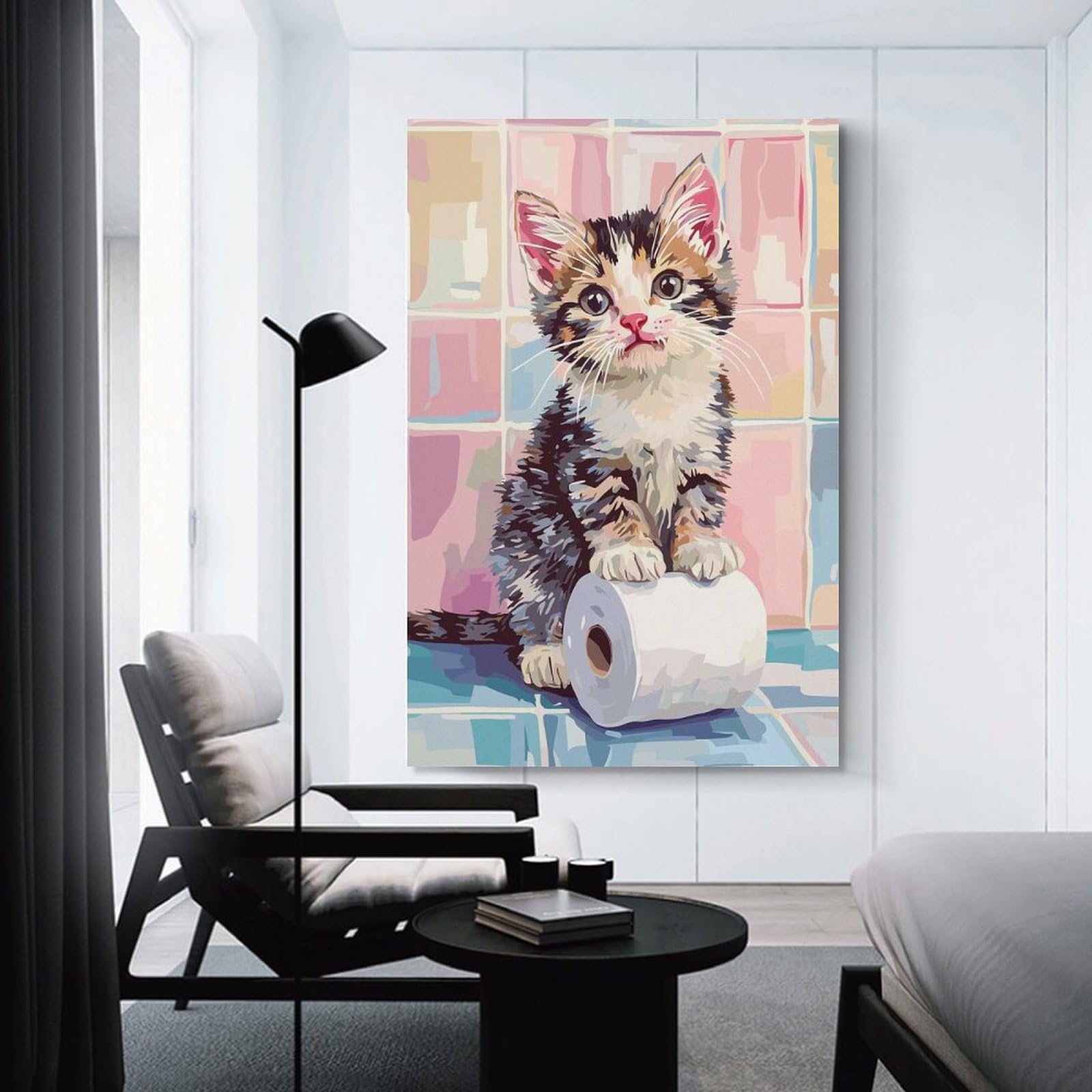 Junmoney Unframe-Style-21-1 Canvas Wall Art Kitten On Toilet Paper Roll Painting, 08X12inch(20X30cm), For New Homes, Bedrooms Or Workspaces, Canvas Artwork With Gifting Potential