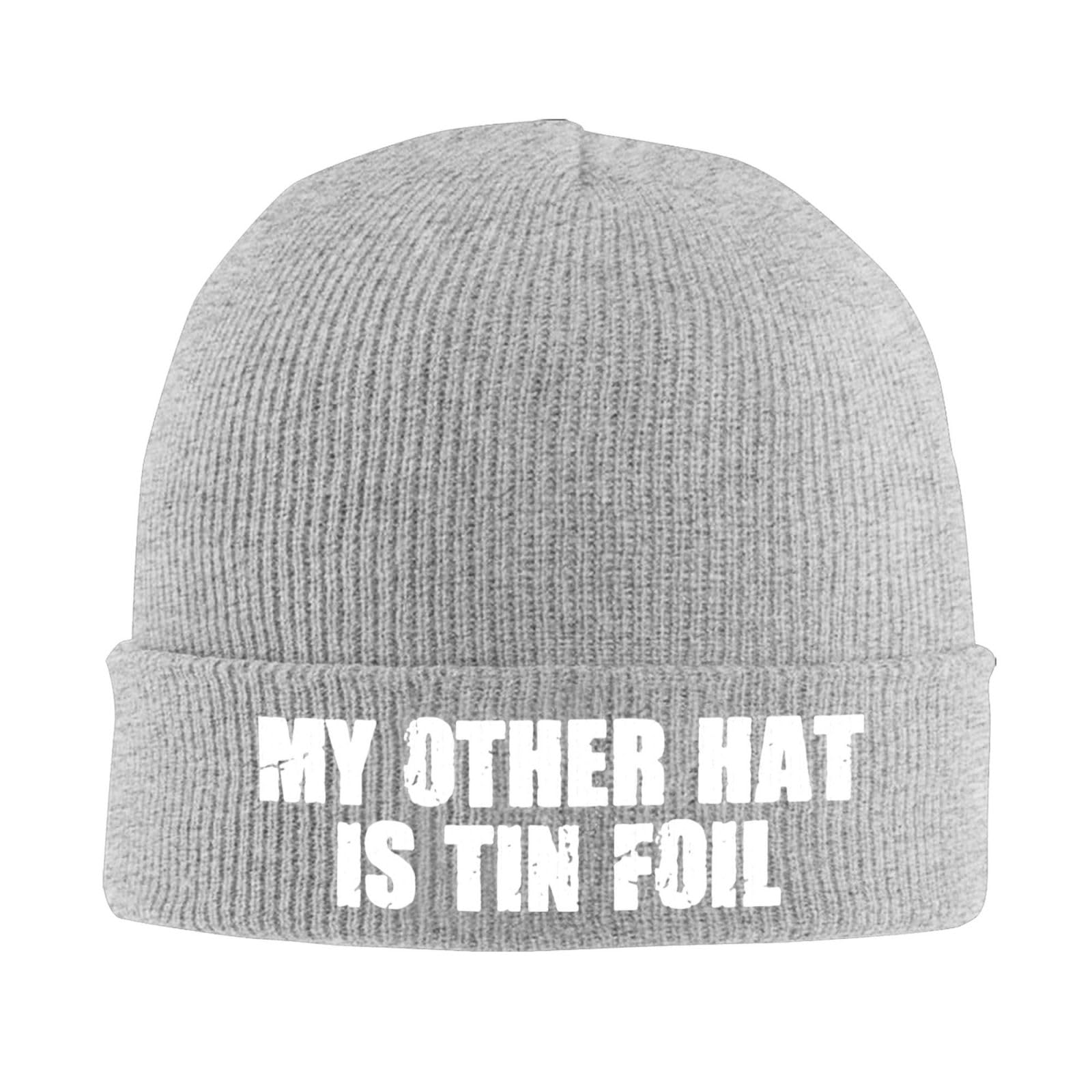 Kwqdozf Unisex Gray My Other Hat Is Tin Foil Winter Beanie Hats For Men Women, Warm Cozy Knitted Cuffed Slouchy Skull Cap Ski Hat,Black