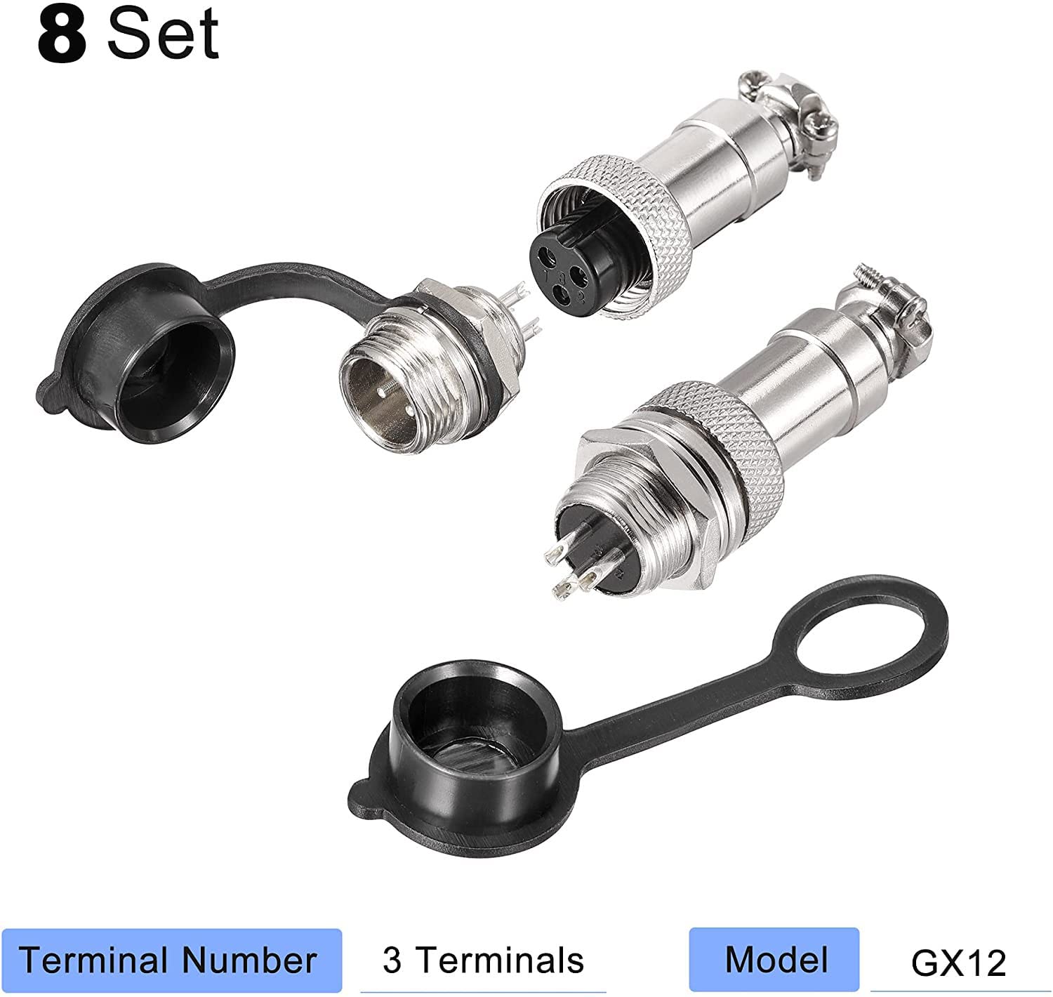 Connecteur d'aviation 16 Pcs, 12-3, Fiche mâle femelle, 3 broches, 5A, 12mm, Métal et Plastique, Argent, Noir