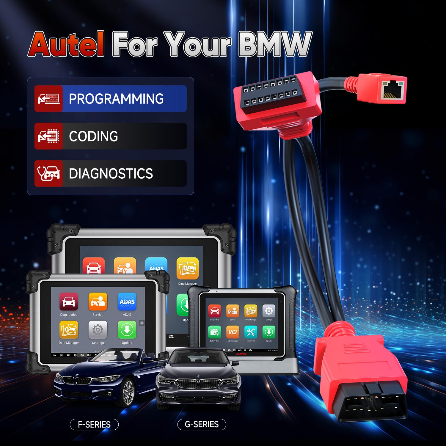 Autel Original Programming Coding Ethernet Cable for BMW F & G Series, 16Pin Enet OBD2 RJ45 Splitter Y Adapter, OBD II Extension Connector, Work w MS908S PRO II/ MK908 PRO II/Elite II