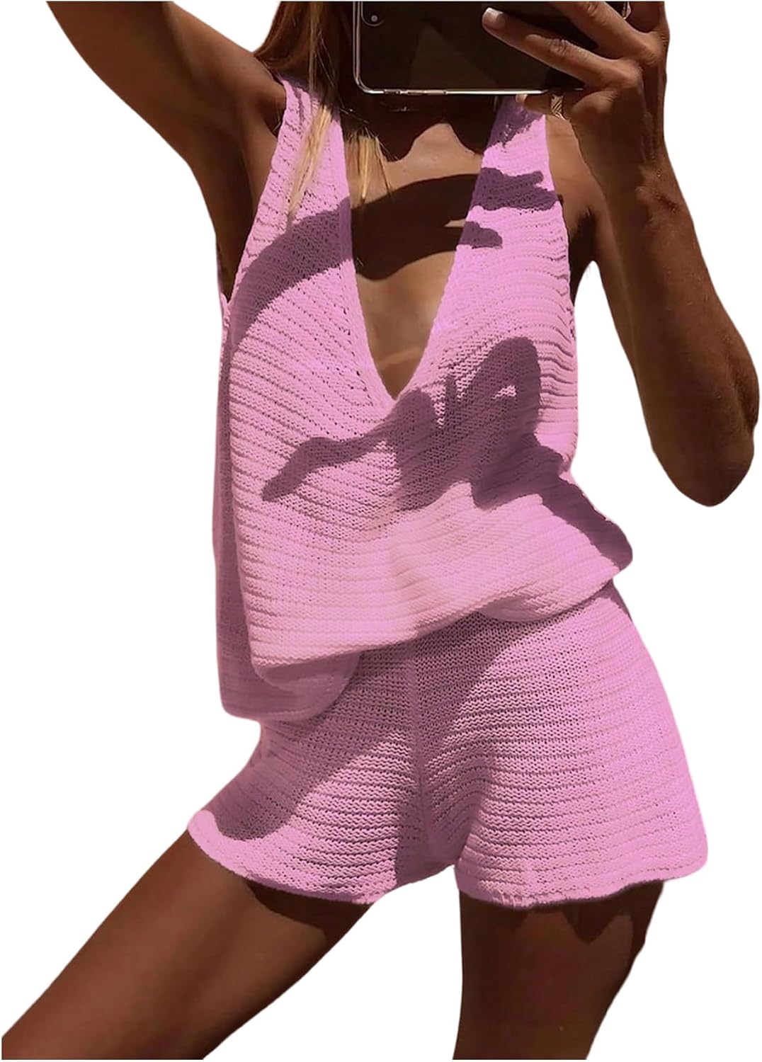 MakeMeChic Women's Summer 2 Piece Sets Deep V Neck Knit Tank Tops Mini Shorts Set Beach Vacation Outfits