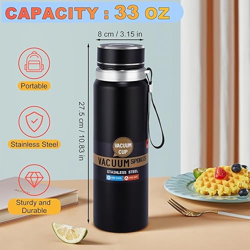 Miniatura 5 de Botella de agua aislada de 33 onzas, aspiradora de doble pared para café, té y deportes, mantiene las bebidas calientes durante 24 horas y frías
