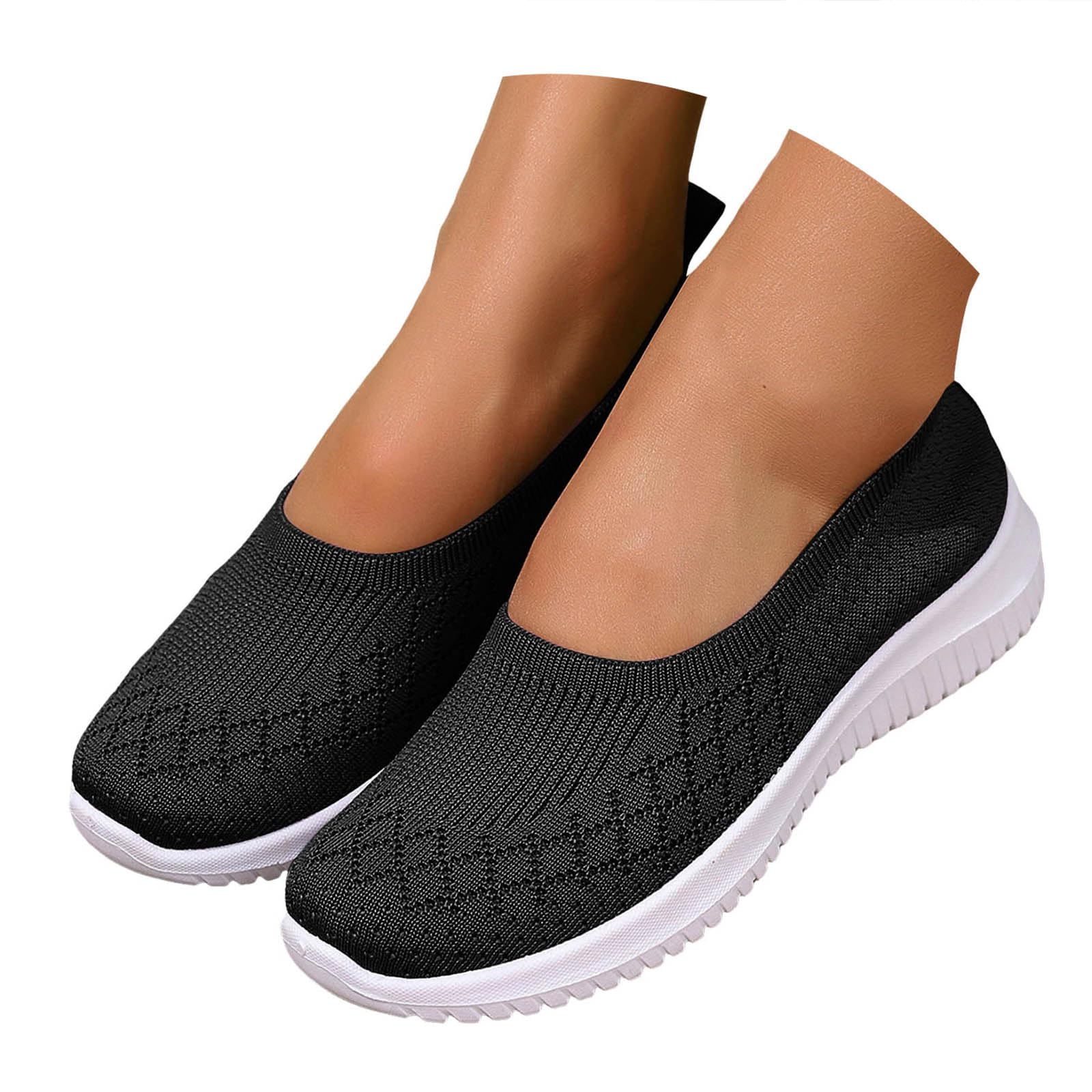 Womens Knit Casual Shoes Platforms Wide Toe Slip On Shoes Chunky Heels Soft Sole Square Toe Walking Running