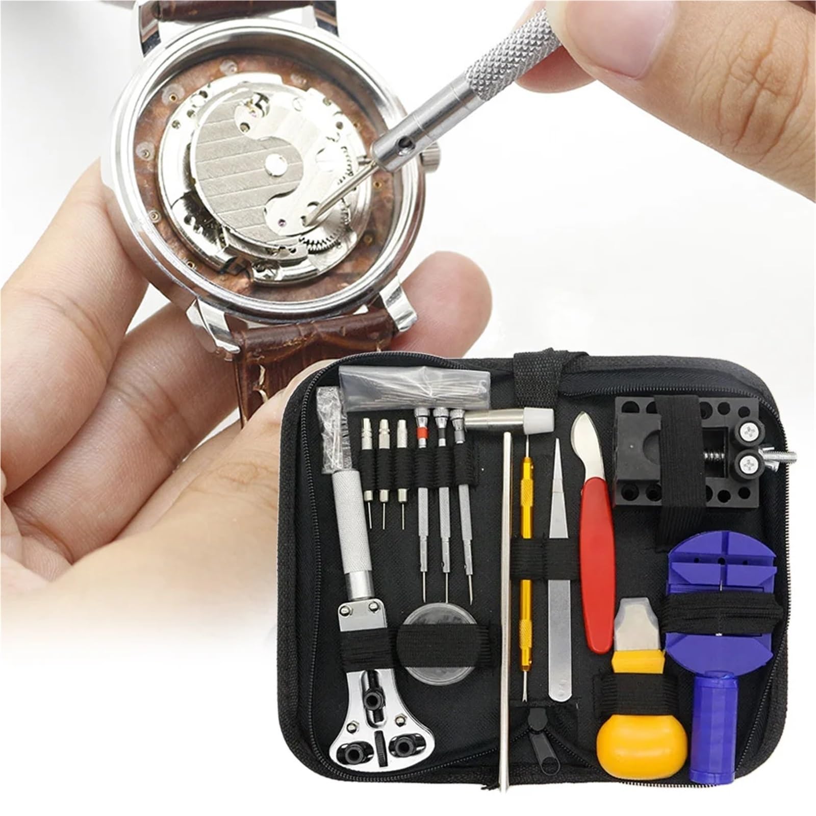 Kit De ReparacióN De Relojes Herramientas de mantenimiento de reloj, 147 piezas, mantenimiento de reloj, cubierta trasera abierta, Kit de reparación de extracción de correa, for relojeros, bricolaje y